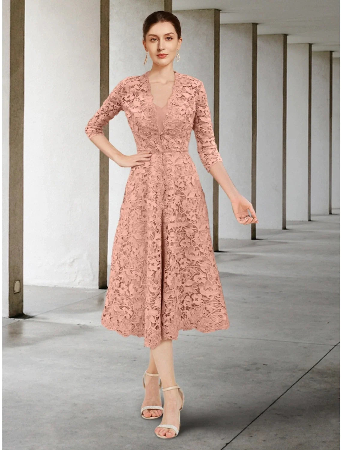 Wholesale A-Line Mother of the Bride Dress Wedding Guest Elegant Petite V Neck Tea Length Chiffon 3/4 Length Sleeve with Ruching Solid Color