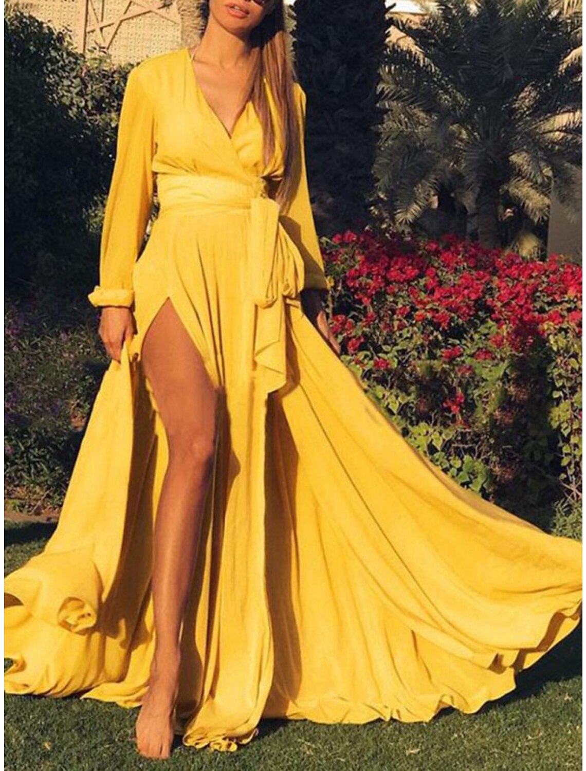 Wholesale Sheath / Column Bridesmaid Dress V Neck Long Sleeve Vintage Sweep / Brush Train Imitated Silk with Sash / Ribbon / Split Front