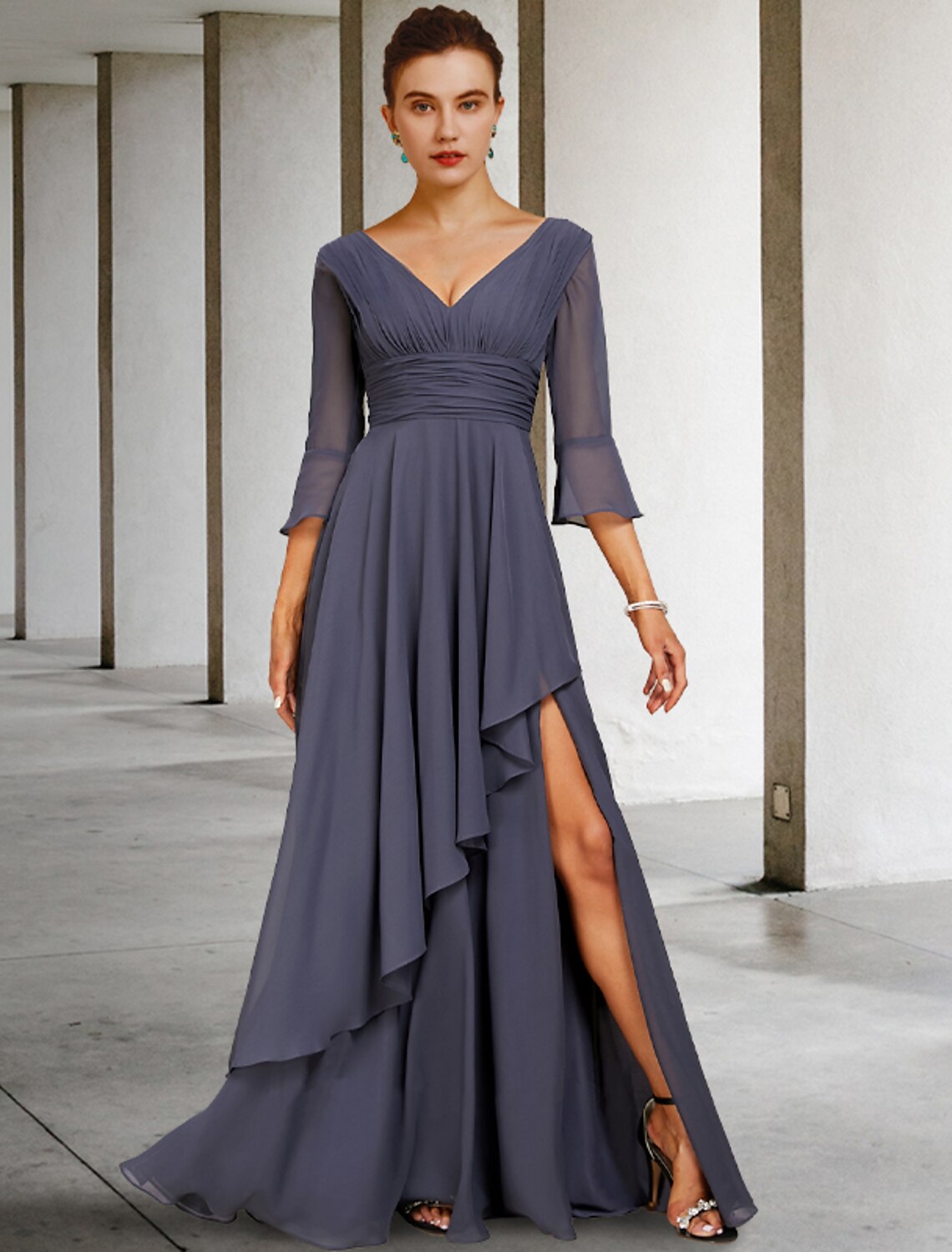 Wholesale  A-Line Mother of the Bride Dress Elegant High Low V Neck Asymmetrical Floor Length Chiffon 3/4 Length Sleeve with Split Front Ruching