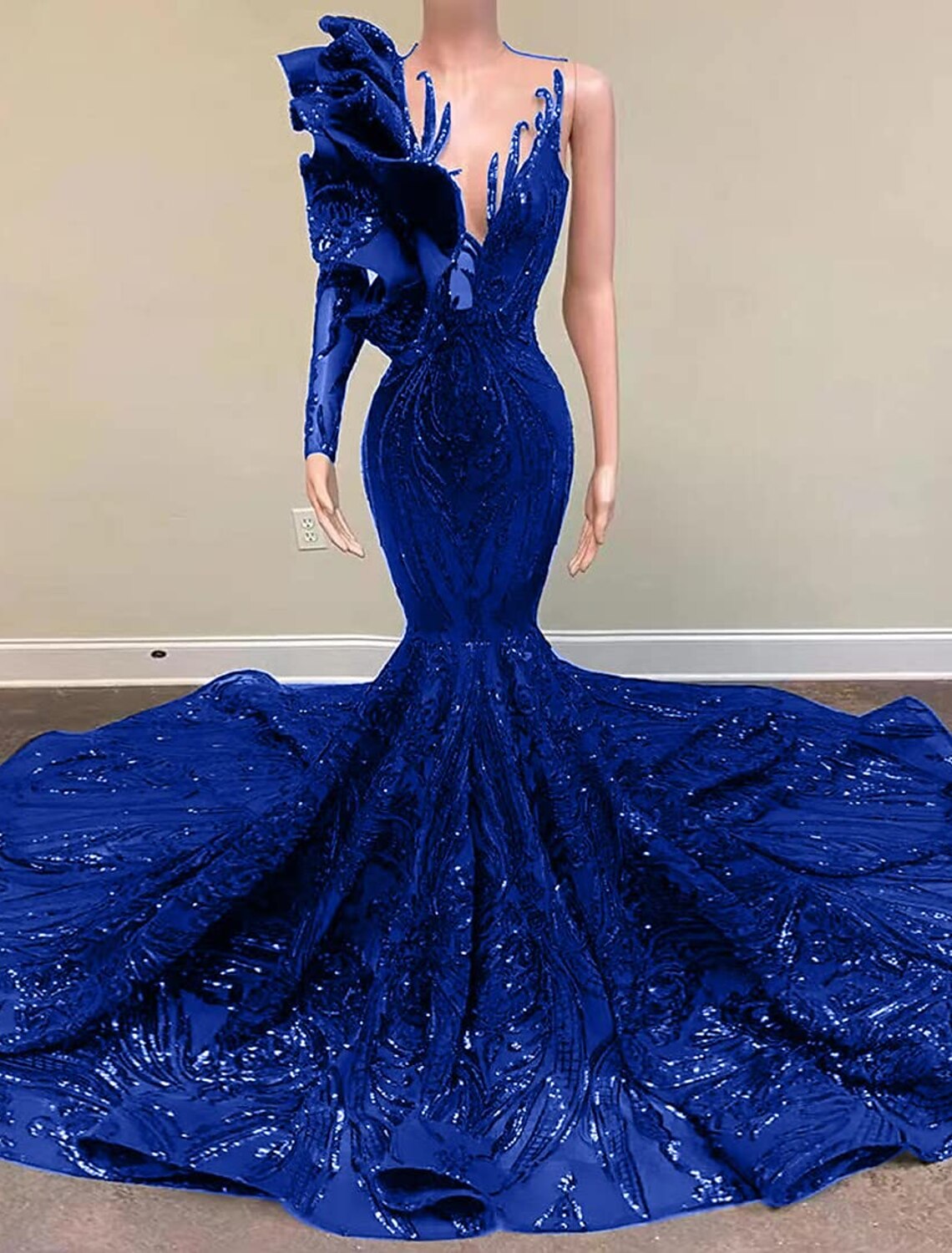 Wholesale Mermaid Party Dress Evening Gown Sparkle Carnival Dress Engagement Formal Evening Court Train Long Sleeve One Shoulder Sequined with Sequin
