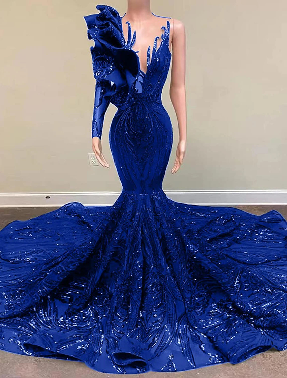 Wholesale Mermaid / Trumpet Evening Gown Elegant Dress Engagement Formal Evening Court Train Long Sleeve One Shoulder Sequined with Sequin