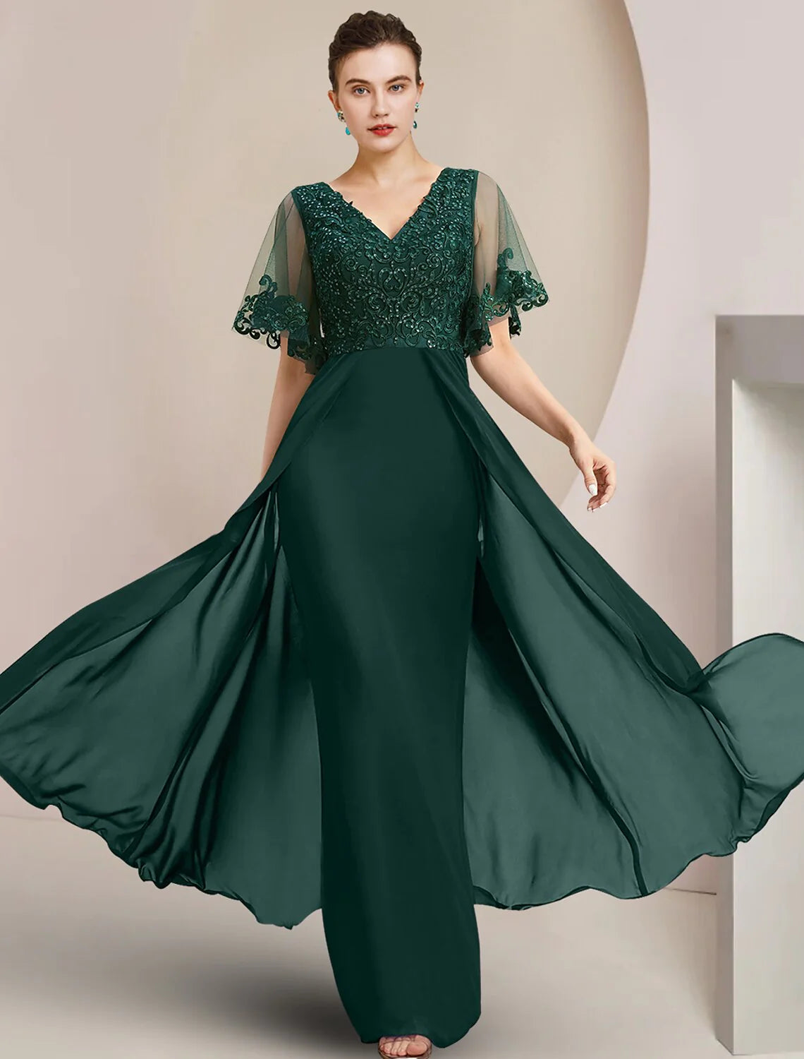 Wholesale Sheath / Column Mother of the Bride Dress Formal Wedding Guest Elegant V Neck Floor Length Chiffon Lace Tulle Short Sleeve with Sequin Appliques