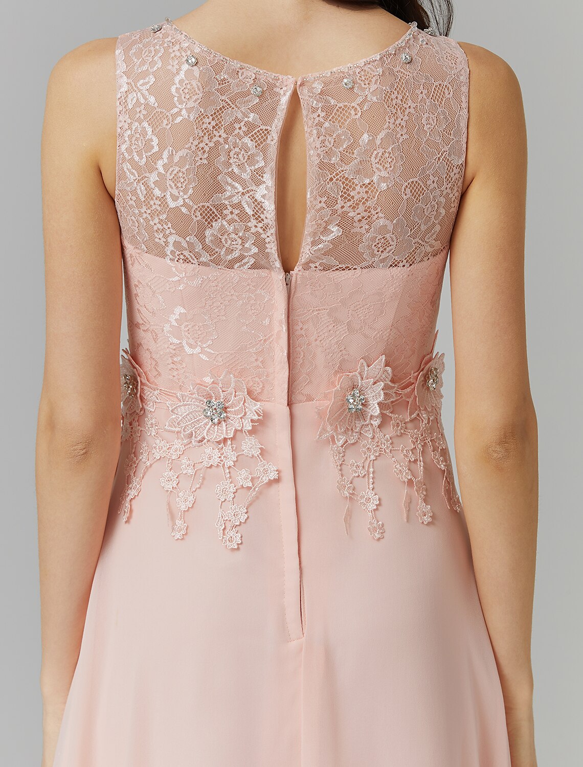 Wholesale  A-Line Empire Dress Wedding Guest Prom Floor Length Sleeveless Illusion Neck Bridesmaid Dress Chiffon with Beading Appliques