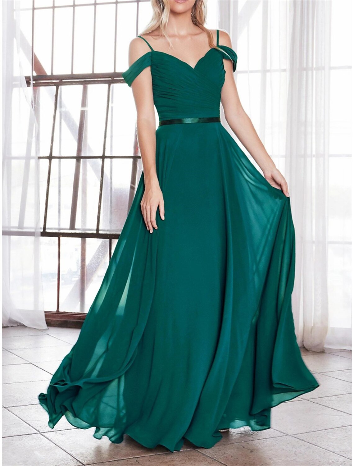 Wholesale A-Line Bridesmaid Dress Off Shoulder Sleeveless Pink Floor Length Chiffon with Sash / Ribbon / Ruching