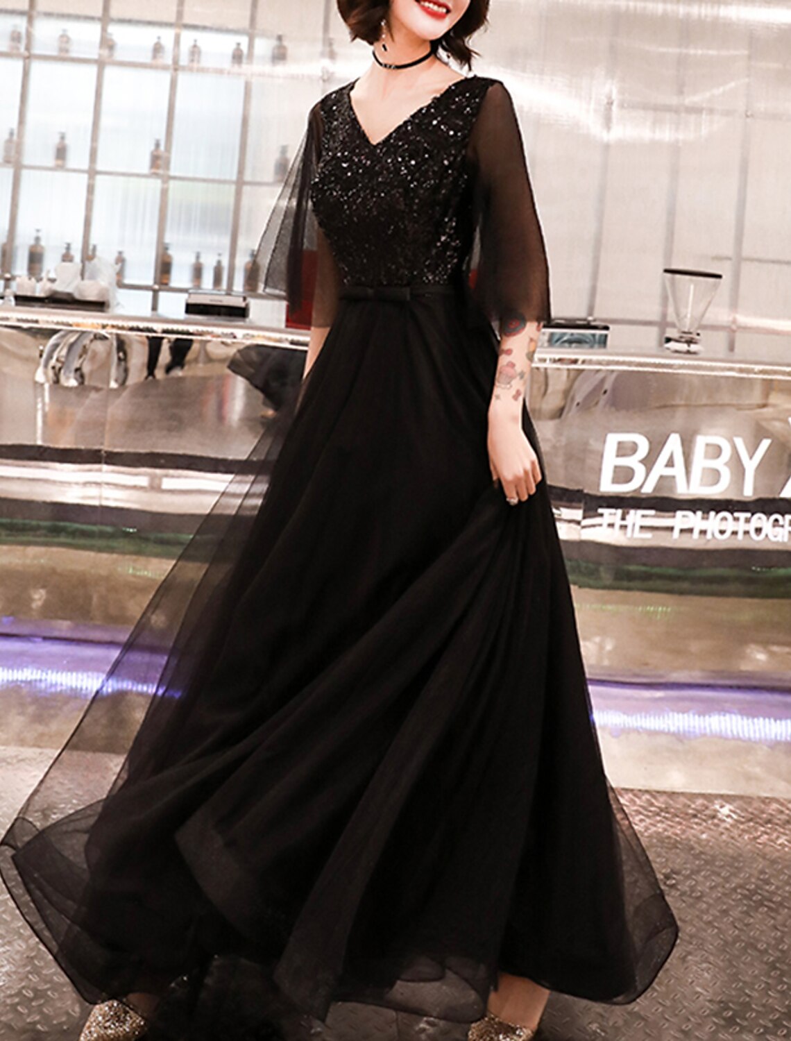 Wholesale A-Line Evening Gown Sparkle Dress Wedding Guest Formal Evening Floor Length Half Sleeve V Neck Tulle with Sequin