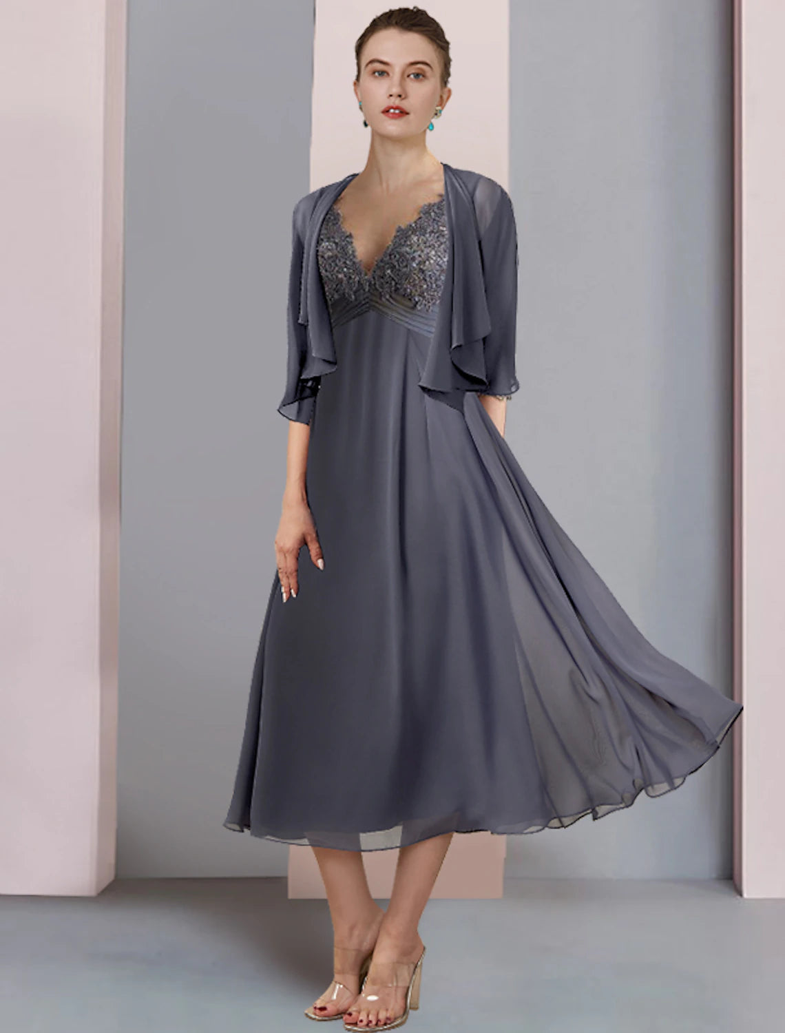 Wholesale  Two Piece Mother of the Bride Dress Formal Wedding Guest Elegant V Neck Tea Length Chiffon Lace Short Sleeve Wrap Included with Ruched Appliques