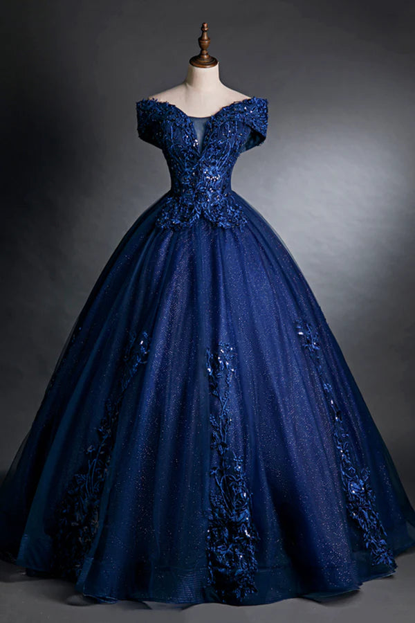 Wholesale Blue Tulle Lace Long A-Line Ball Gown Off the Shoulder Evening Party Dress