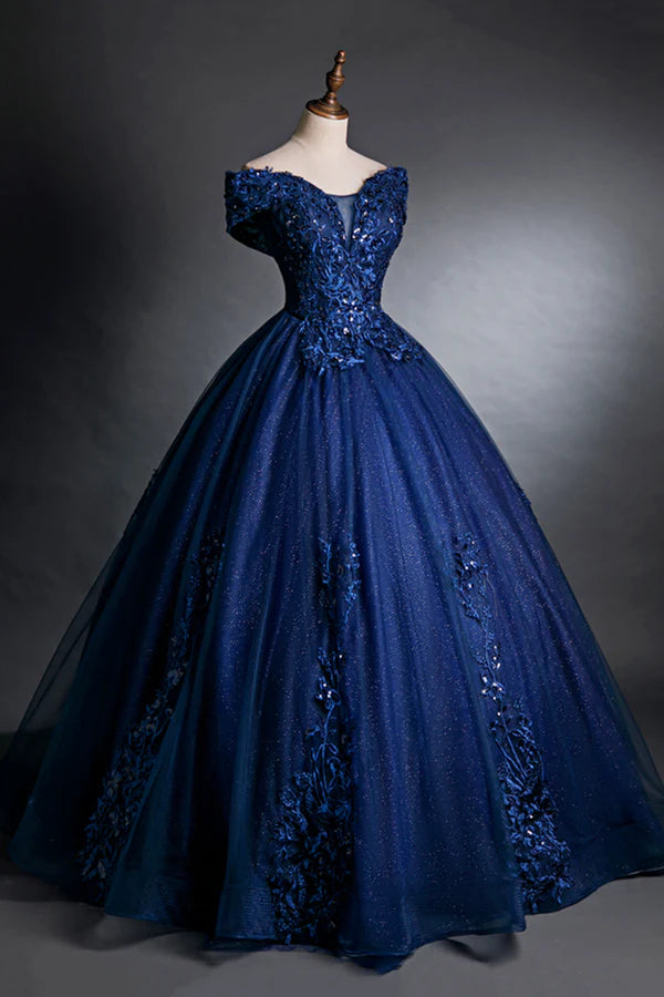 Wholesale Blue Tulle Lace Long A-Line Ball Gown Off the Shoulder Evening Party Dress