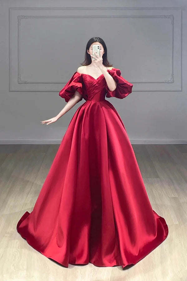 Wholesale Burgundy Puffy Short Sleeve Satin Prom Dress Burgundy V-Neck A-Line Evening Dress