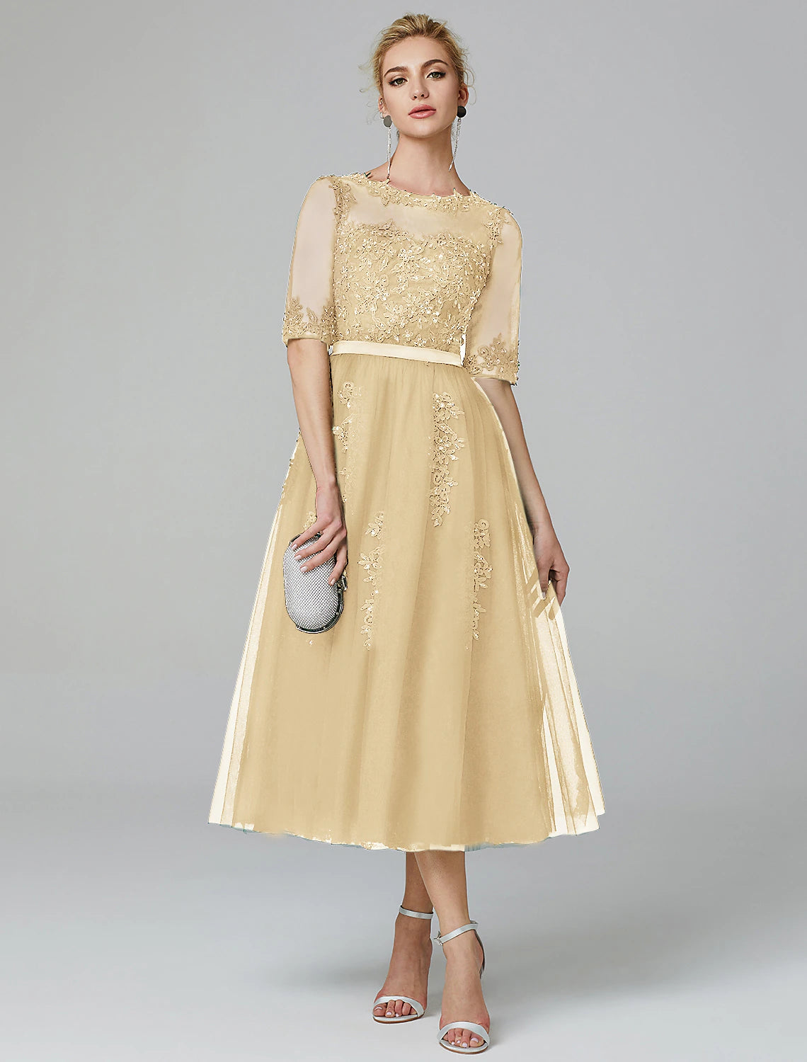 Wholesale A-Line Sparkle Dress Formal Evening Kentucky Derby Tea Length Sleeveless Illusion Neck Fall Wedding Guest Lace Over Tulle with Sequin Appliques