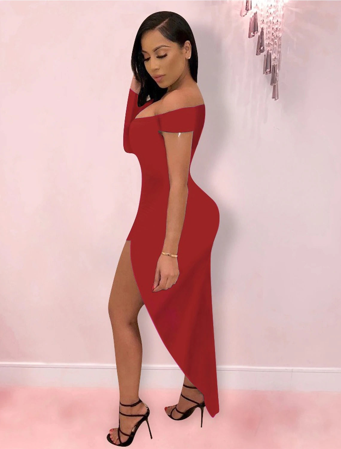 Wholesale Hot Sexy Holiday Party Wear Club Dress High Slit V Neck off Shoulder Long Sleeve Bodycon Asymmetrical Spandex with Sleek