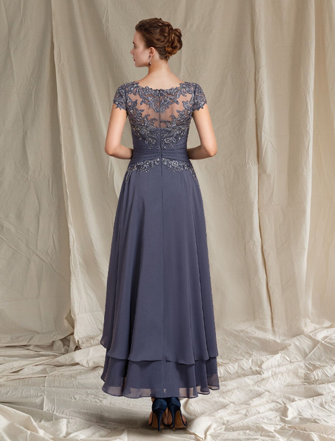 Wholesale  Two Piece A-Line Mother of the Bride Dress Formal Wedding Guest Elegant Scoop Neck Asymmetrical Tea Length Chiffon Lace Short Sleeve Wrap Included with Beading Appliques