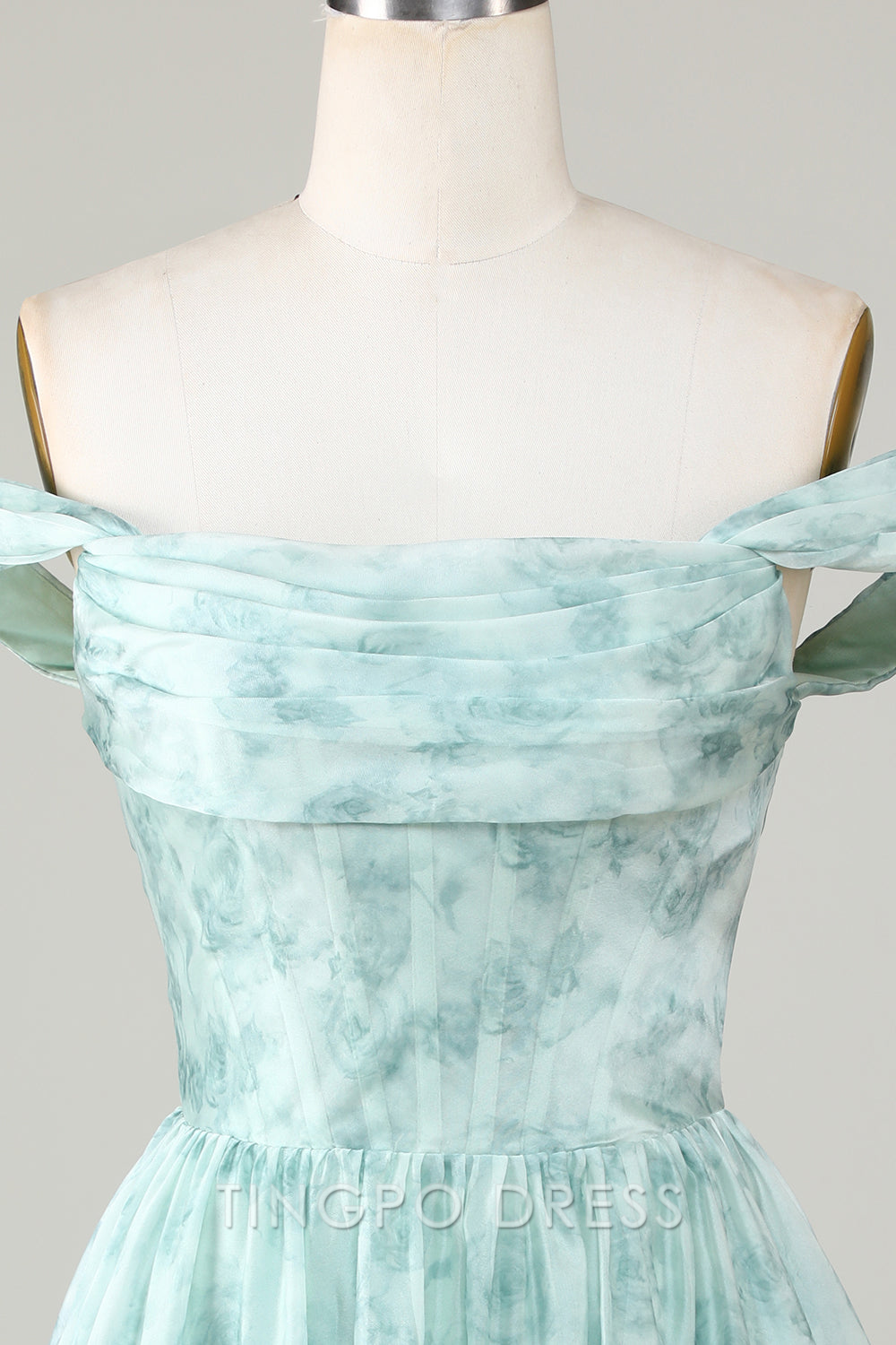 TingPo Wholesale Elegant Stylish A Line Off the Shoulder Sage Printed Short Homecoming Dress formal wear dresses