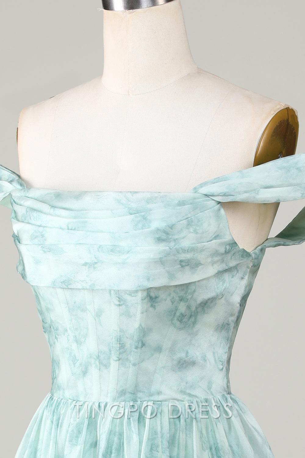 TingPo Wholesale Elegant Stylish A Line Off the Shoulder Sage Printed Short Homecoming Dress formal wear dresses