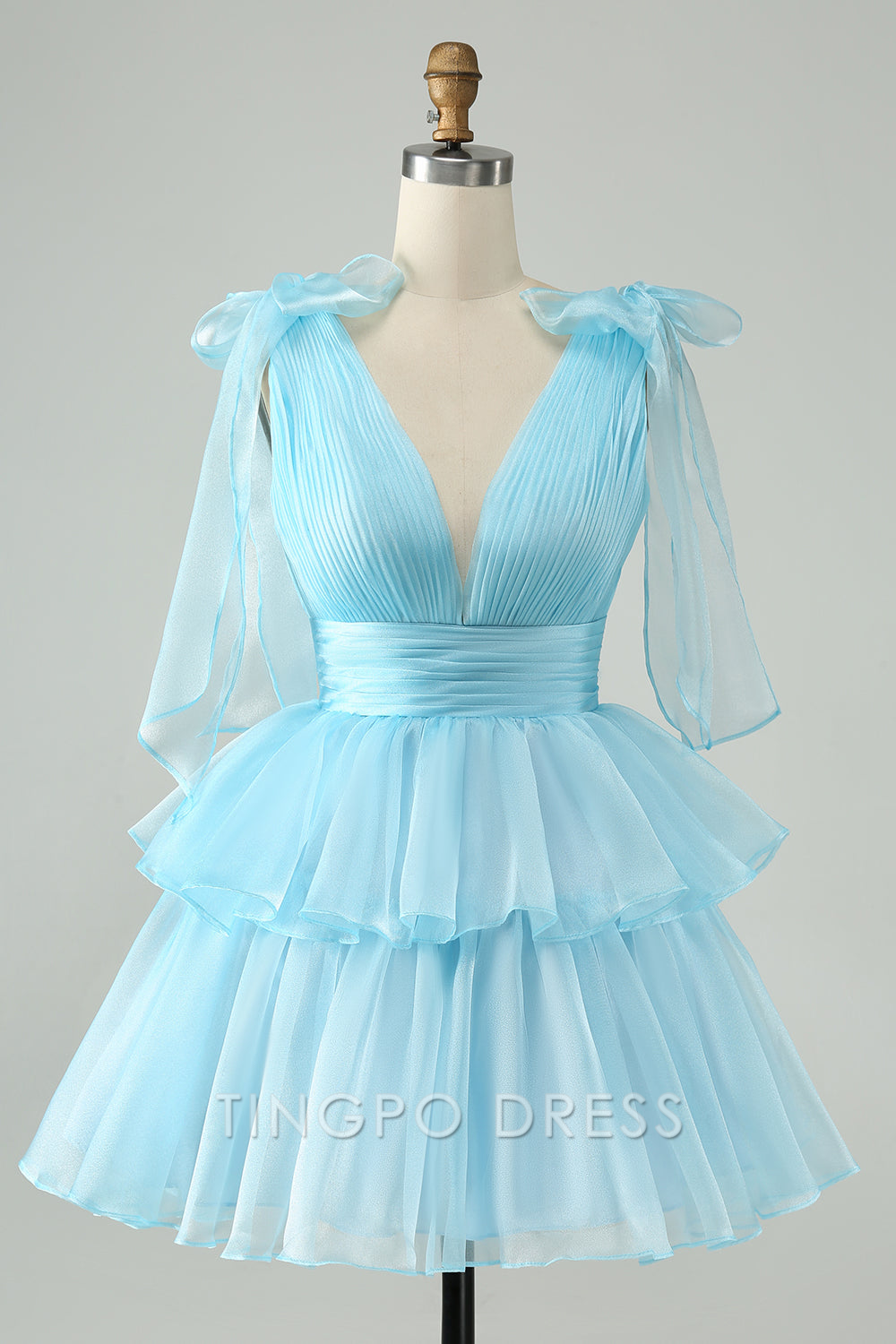 TingPo Wholesale Elegant Sky Blue A Line V Neck Pleated Tiered Short Homecoming Dress formal wear dresses