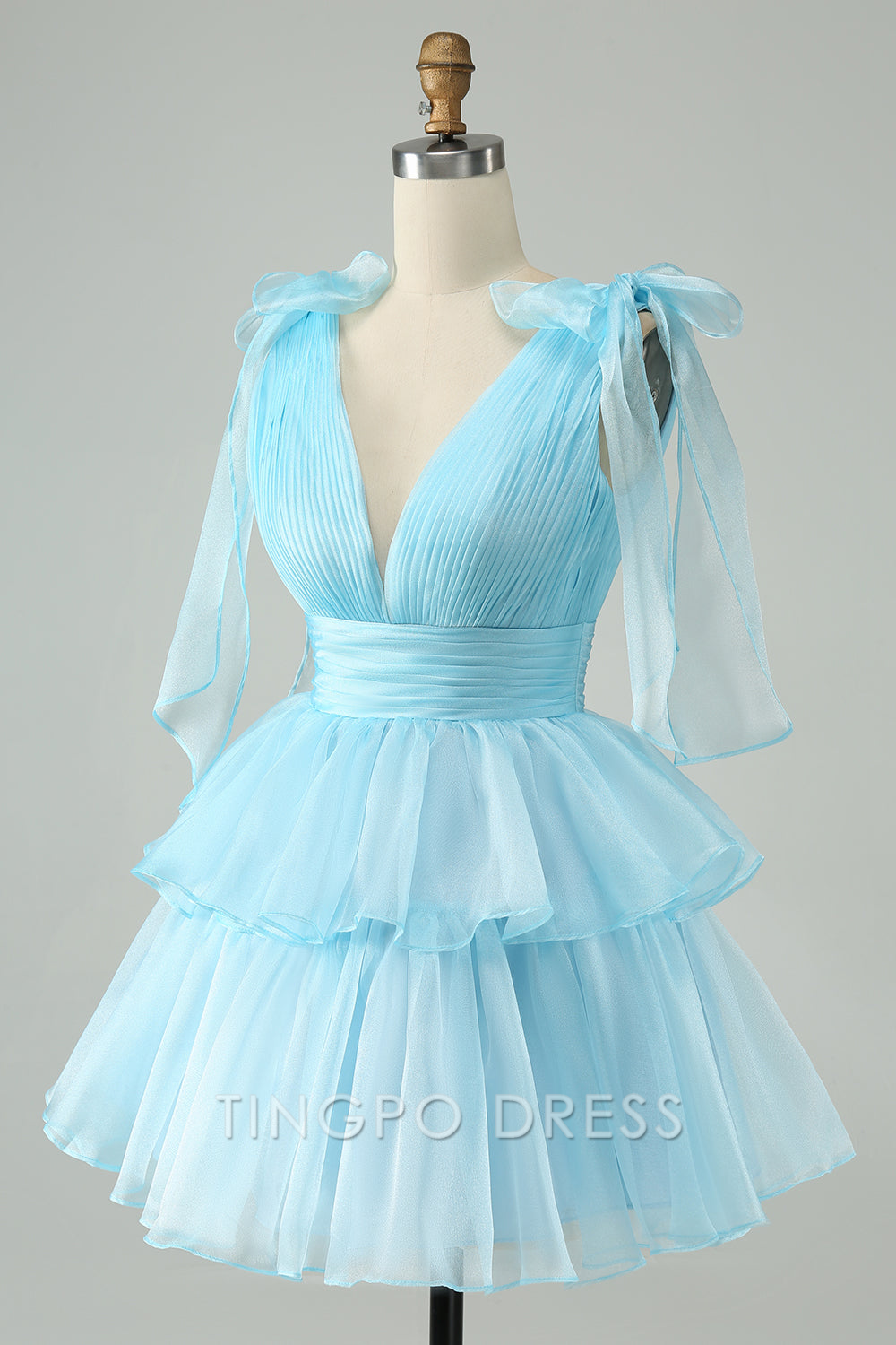 TingPo Wholesale Elegant Sky Blue A Line V Neck Pleated Tiered Short Homecoming Dress formal wear dresses