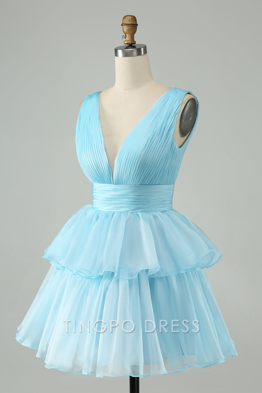 TingPo Wholesale Elegant Sky Blue A Line V Neck Pleated Tiered Short Homecoming Dress formal wear dresses