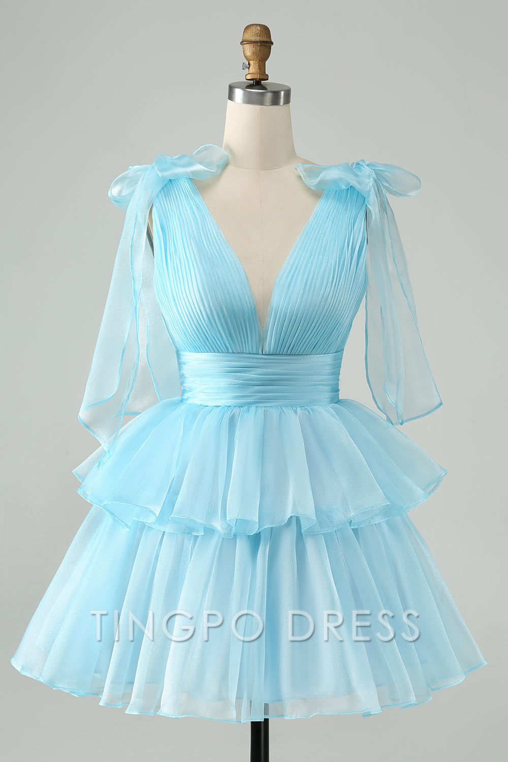 TingPo Wholesale Elegant Sky Blue A Line V Neck Pleated Tiered Short Homecoming Dress formal wear dresses