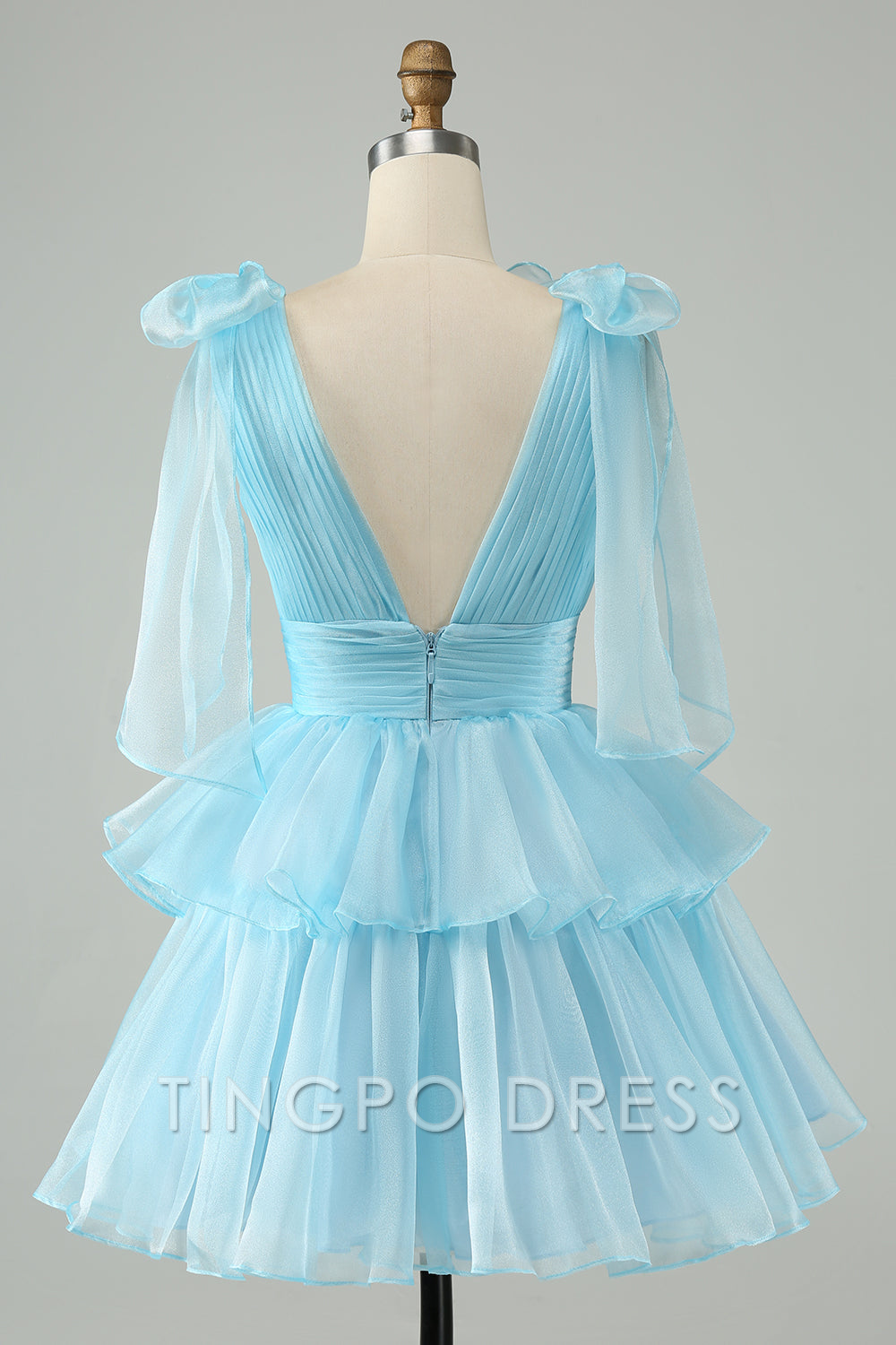 TingPo Wholesale Elegant Sky Blue A Line V Neck Pleated Tiered Short Homecoming Dress formal wear dresses