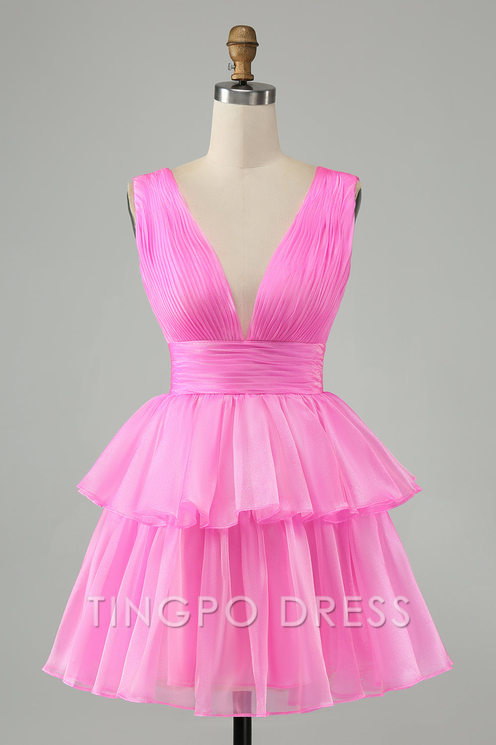 TingPo Wholesale Elegant Hot Pink A Line V Neck Pleated Tiered Short Homecoming Dress formal wear dresses