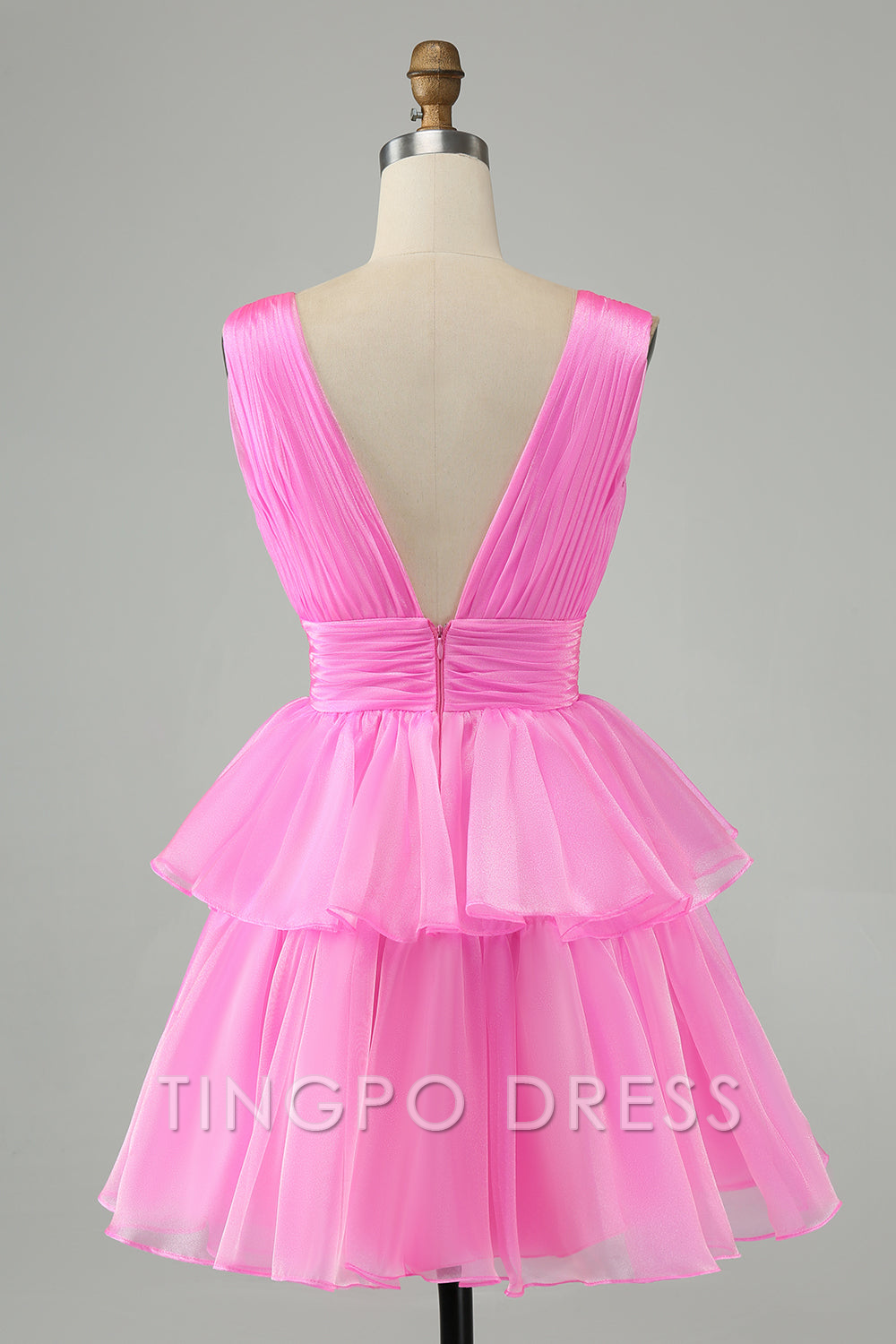 TingPo Wholesale Elegant Hot Pink A Line V Neck Pleated Tiered Short Homecoming Dress formal wear dresses