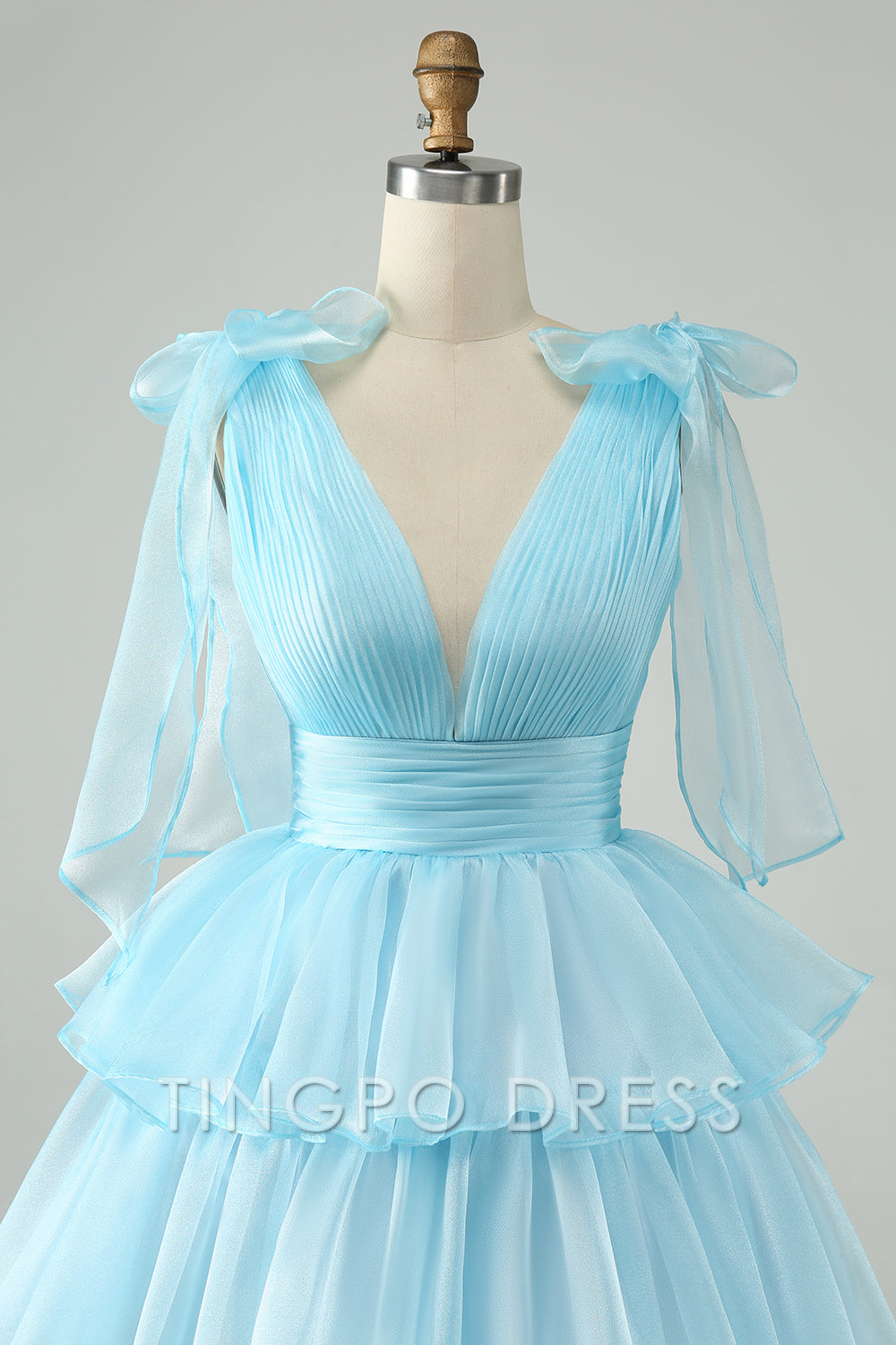 TingPo Wholesale Elegant Sky Blue A Line V Neck Pleated Tiered Short Homecoming Dress formal wear dresses