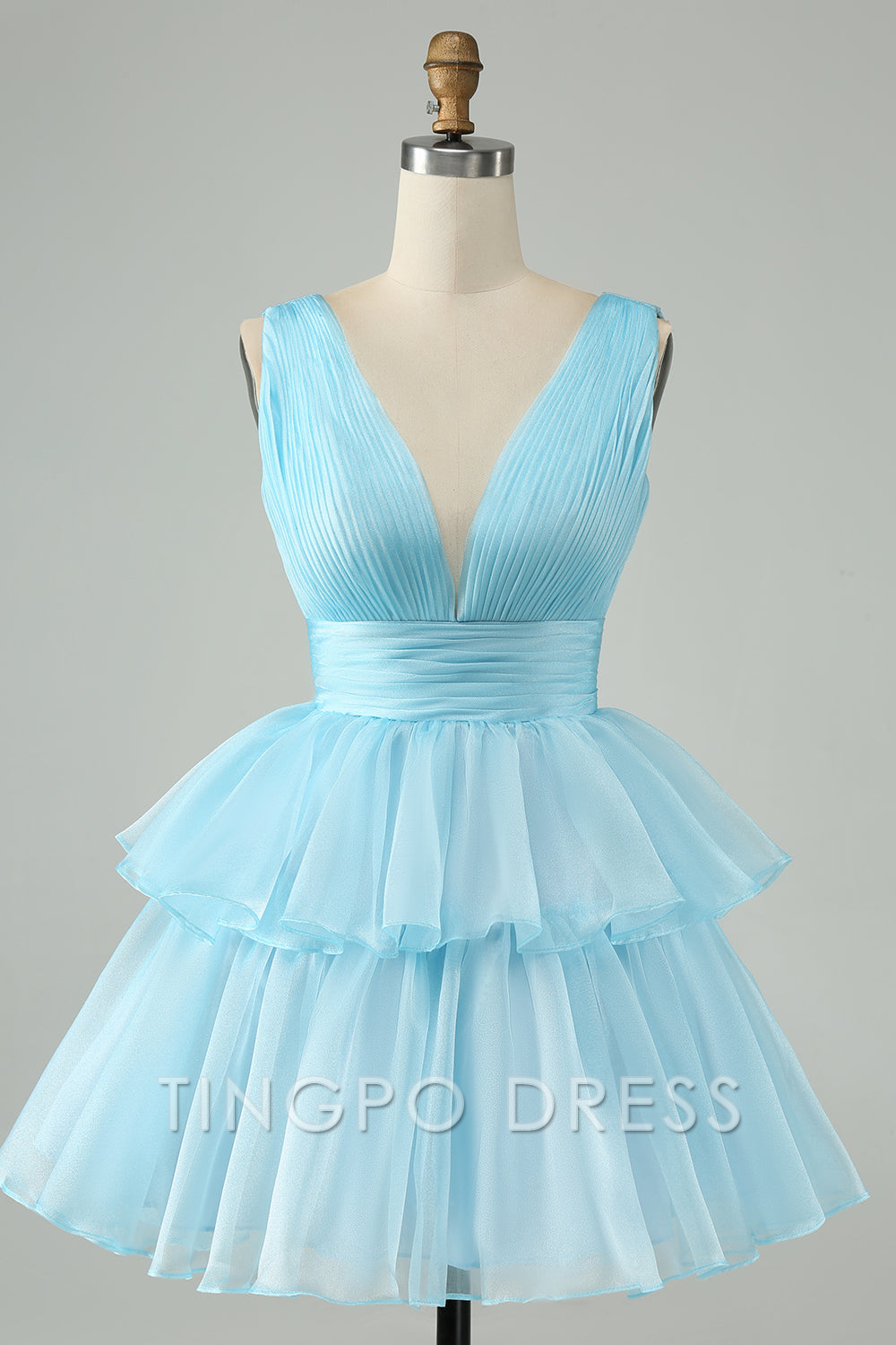 TingPo Wholesale Elegant Sky Blue A Line V Neck Pleated Tiered Short Homecoming Dress formal wear dresses