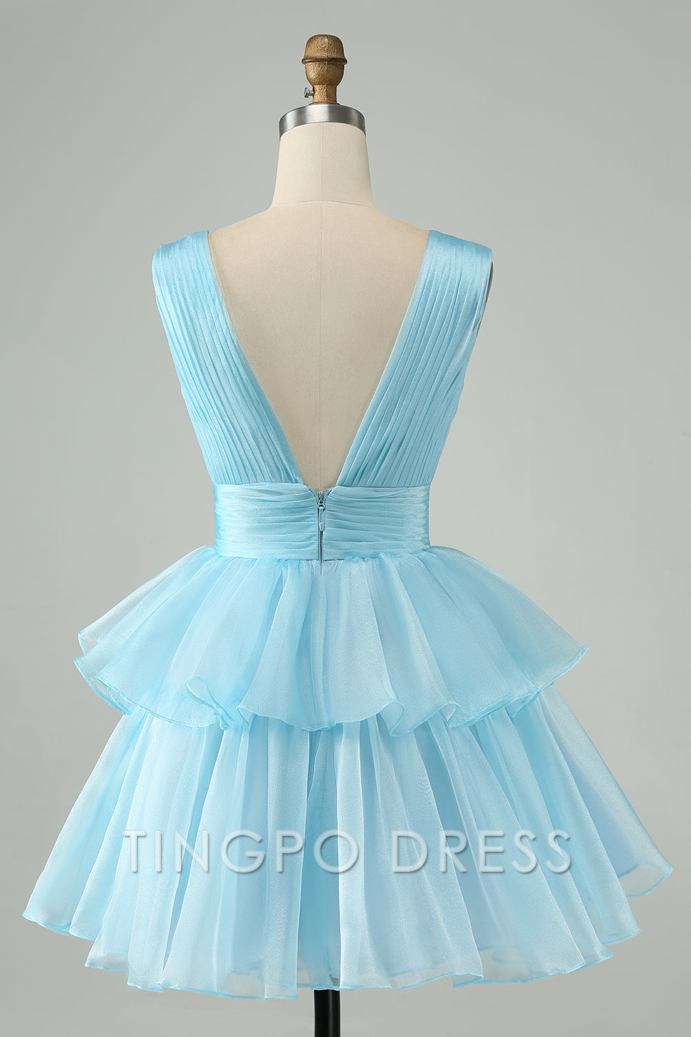 TingPo Wholesale Elegant Sky Blue A Line V Neck Pleated Tiered Short Homecoming Dress formal wear dresses