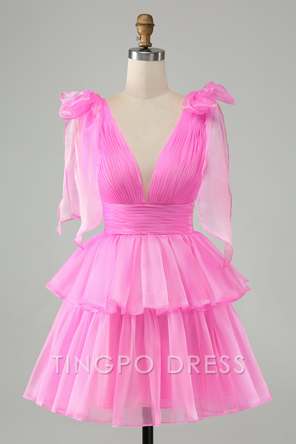TingPo Wholesale Elegant Hot Pink A Line V Neck Pleated Tiered Short Homecoming Dress formal wear dresses