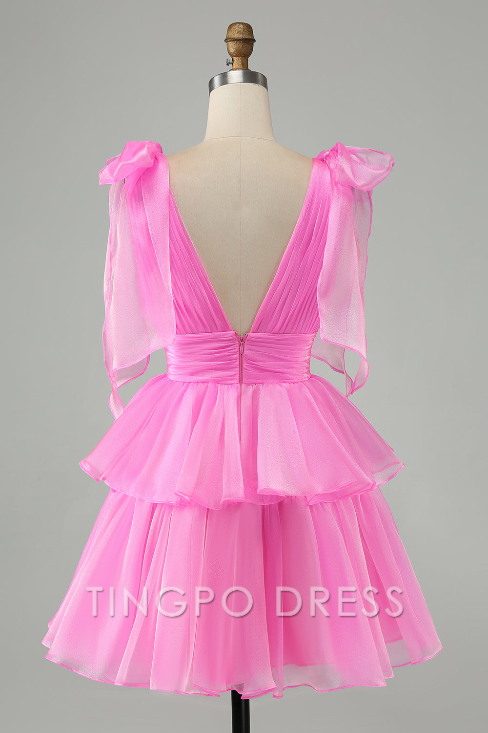 TingPo Wholesale Elegant Hot Pink A Line V Neck Pleated Tiered Short Homecoming Dress formal wear dresses
