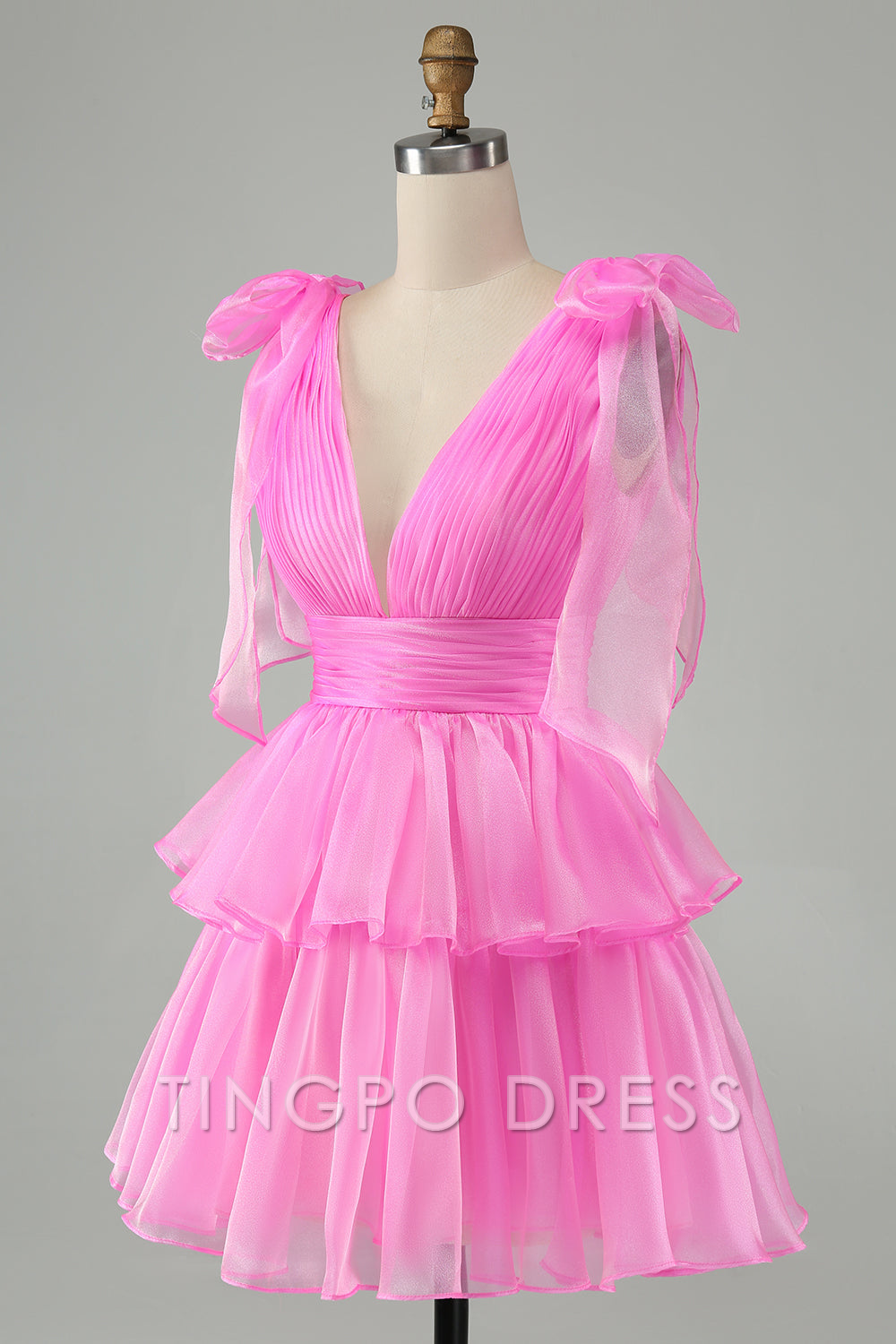 TingPo Wholesale Elegant Hot Pink A Line V Neck Pleated Tiered Short Homecoming Dress formal wear dresses