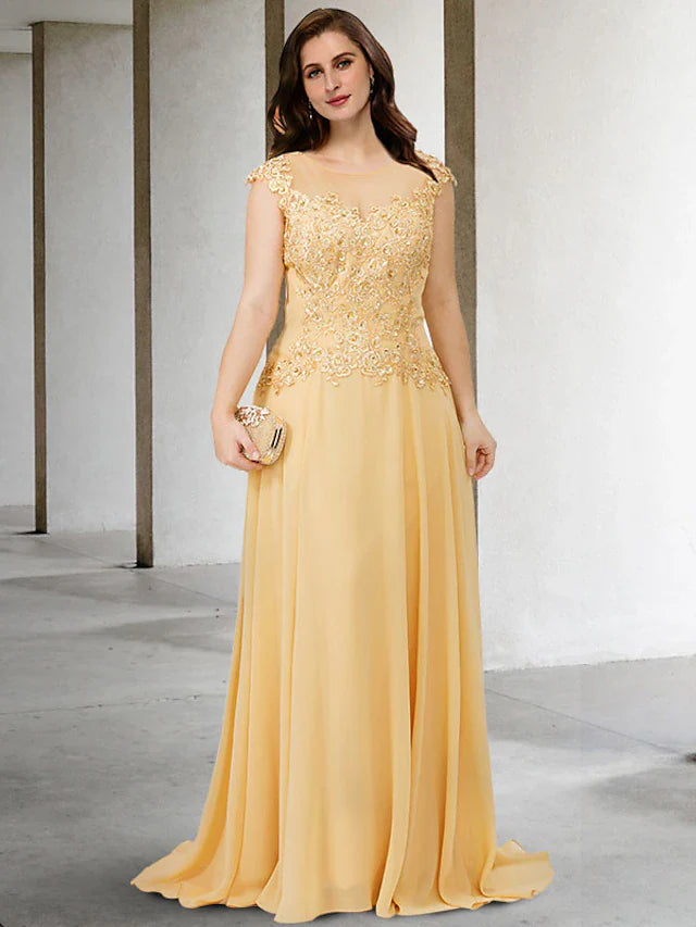 Wholesale A-Line Plus Size Curve Mother of the Bride Dresses Elegant Dress Formal Sweep / Brush Train Sleeveless Jewel Neck Chiffon with Beading Appliques