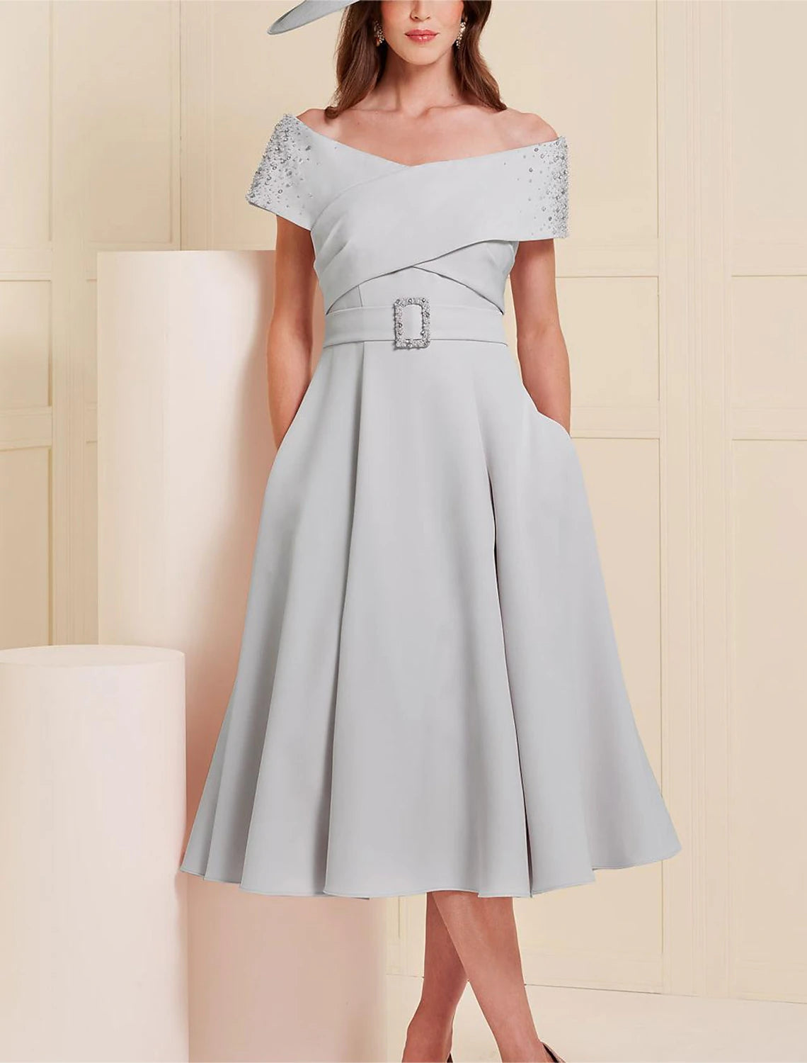 Wholesale A-Line Mother of the Bride Dress Wedding Guest Elegant Off Shoulder Tea Length Stretch Fabric Short Sleeve with Sash / Ribbon Beading Solid Color