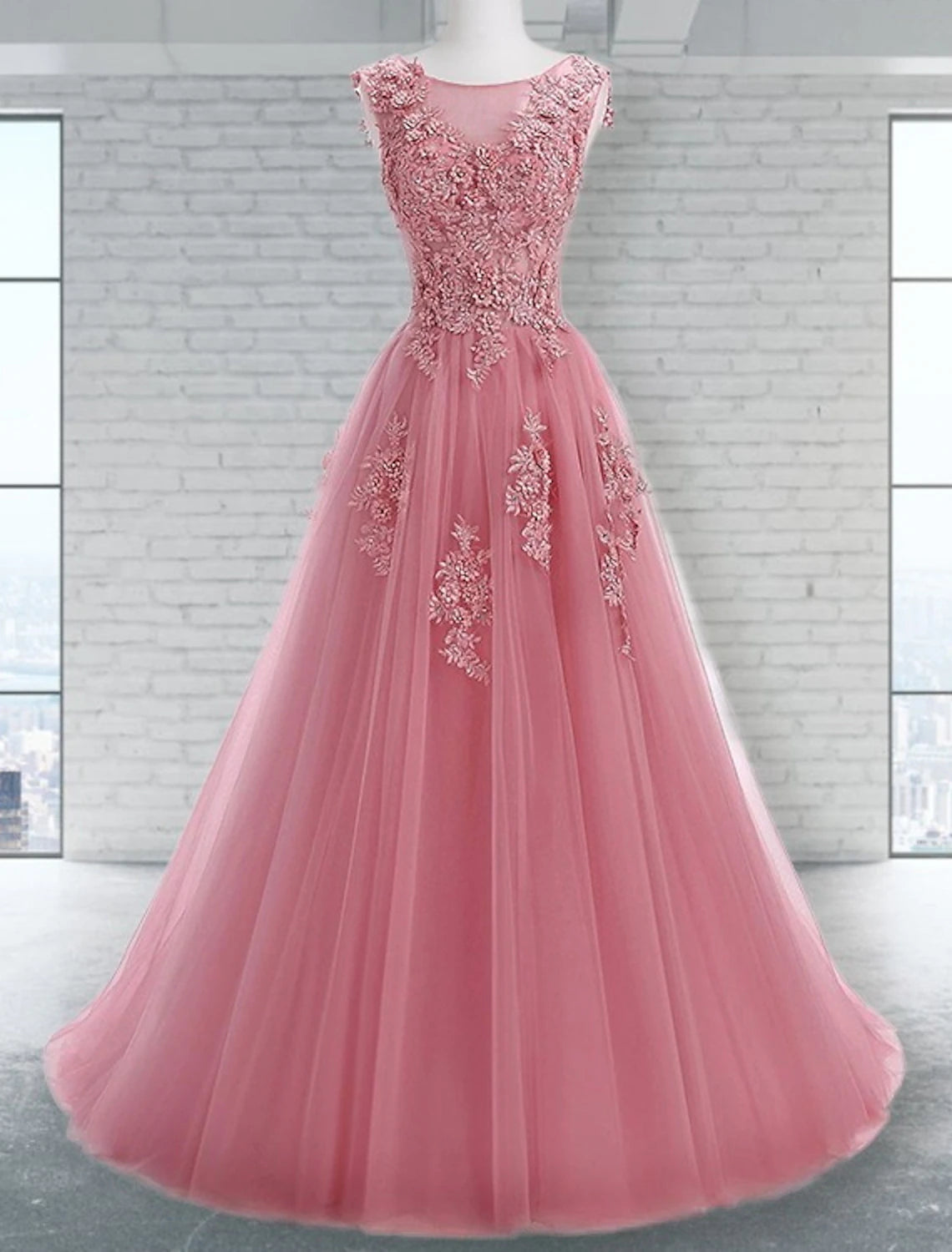 Wholesale  A-Line Prom Dresses Floral Dress Wedding Guest Engagement Sweep / Brush Train Sleeveless Jewel Neck Tulle with Appliques