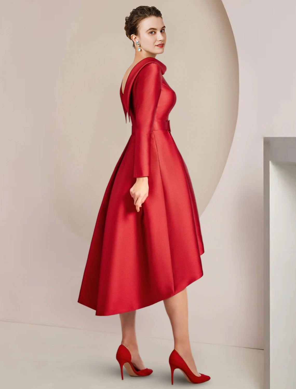 Wholesale  A-Line Mother of the Bride Dress Wedding Guest Party Elegant High Low Scoop Neck Asymmetrical Knee Length Satin Long Sleeve with Crystal Brooch