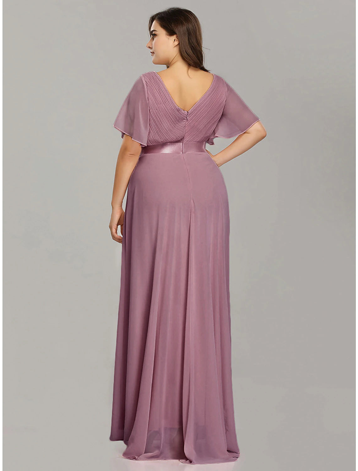 Wholesale A-Line Empire Fall Wedding Guest Dress For Bridesmaid Plus Size Formal Evening Dress V Neck Short Sleeve Floor Length Chiffon with Pleats Ruched