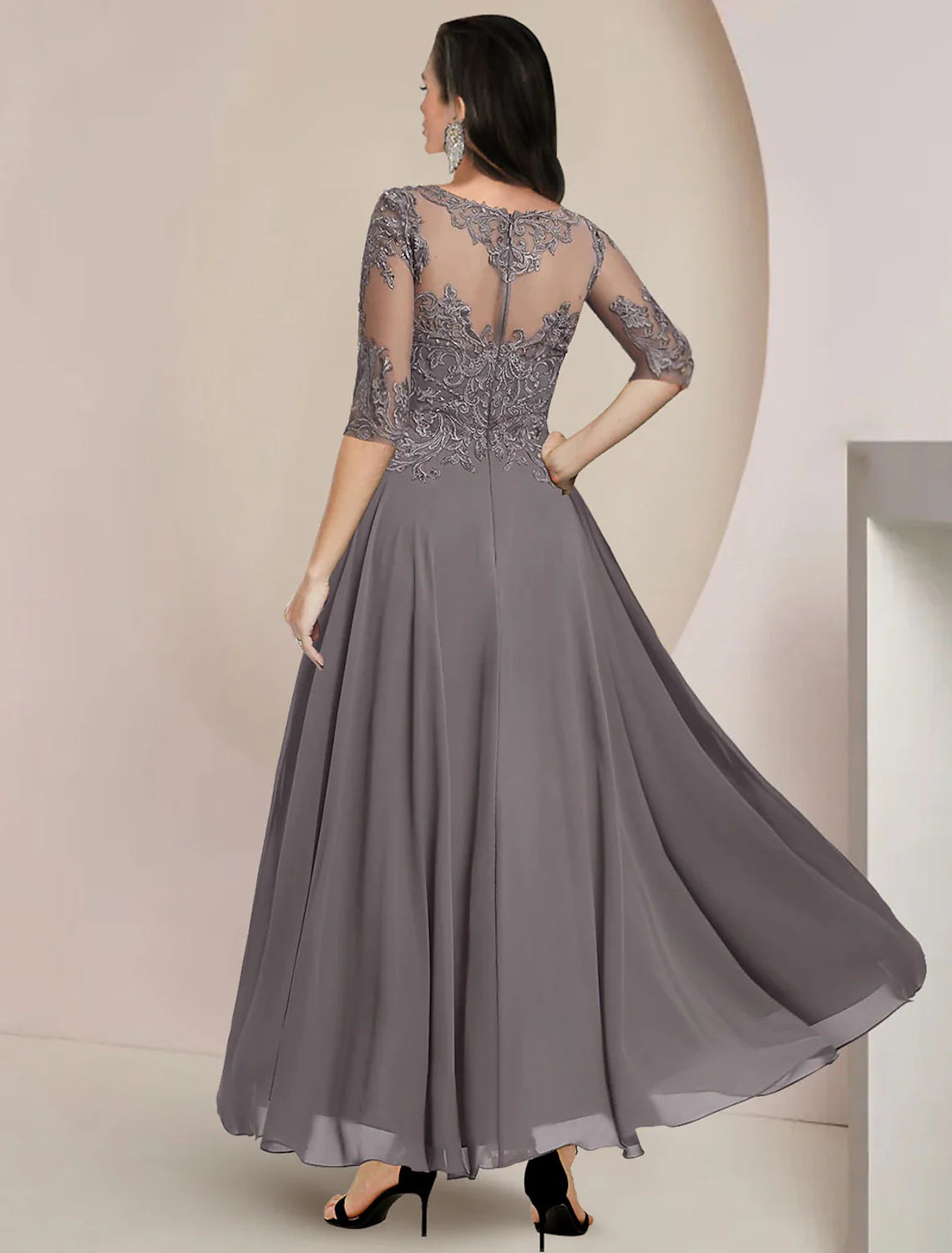 Wholesale A-Line Mother of the Bride Dress Formal Wedding Guest Elegant High Low Scoop Neck Asymmetrical Tea Length Chiffon Lace Half Sleeve with Pleats Appliques