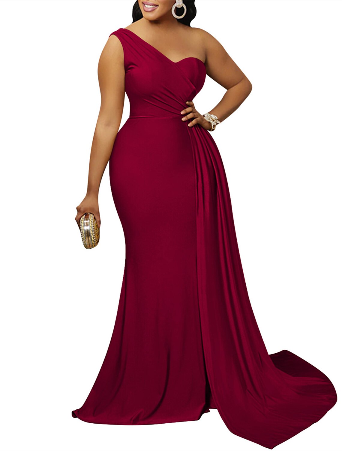 Wholesale Mermaid / Trumpet Party Dresses Elegant Dress Wedding Guest Semi Formal Sweep / Brush Train Sleeveless One Shoulder Spandex with Ruched Slit