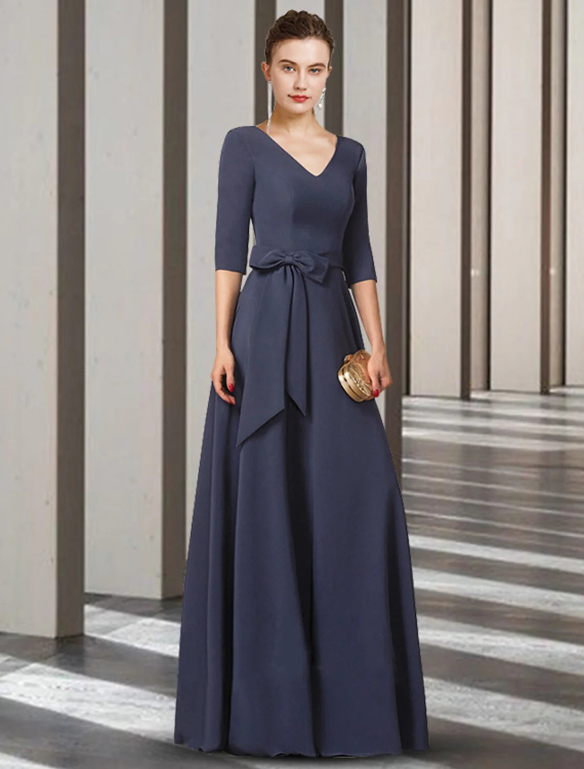 Wholesale Sheath / Column Mother of the Bride Dress Elegant V Neck Floor Length Stretch Chiffon Half Sleeve with Bow(s) Pleats