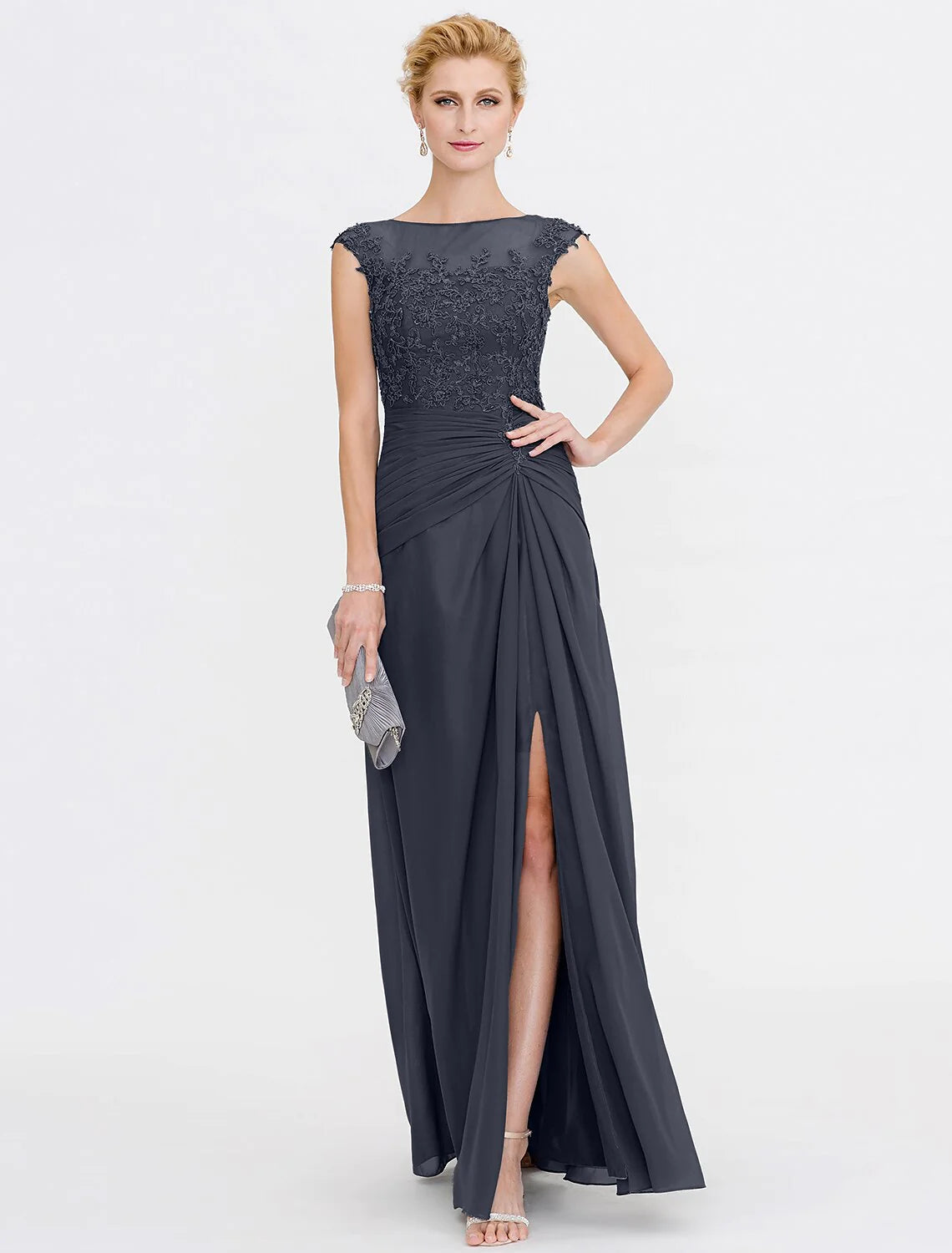 Wholesale A-Line Mother of the Bride Dress Wedding Guest Elegant See Through Bateau Neck Floor Length Chiffon Lace Sleeveless with Side Draping Fall