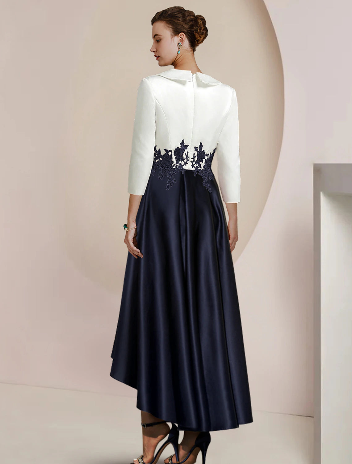 Wholesale  A-Line Mother of the Bride Dress Formal Wedding Guest Elegant High Low Shirt Collar Asymmetrical Tea Length Satin Lace 3/4 Length Sleeve with Appliques