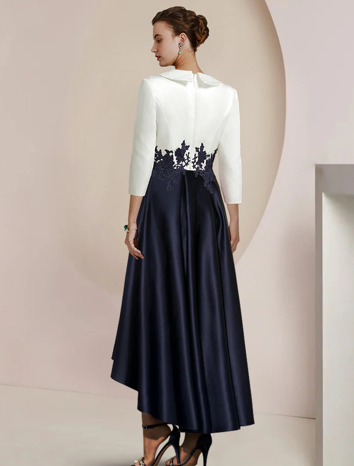 Wholesale A-Line Mother of the Bride Dress Formal Wedding Guest Elegant High Low Shirt Collar Asymmetrical Tea Length Satin Lace 3/4 Length Sleeve with Appliques Color Block