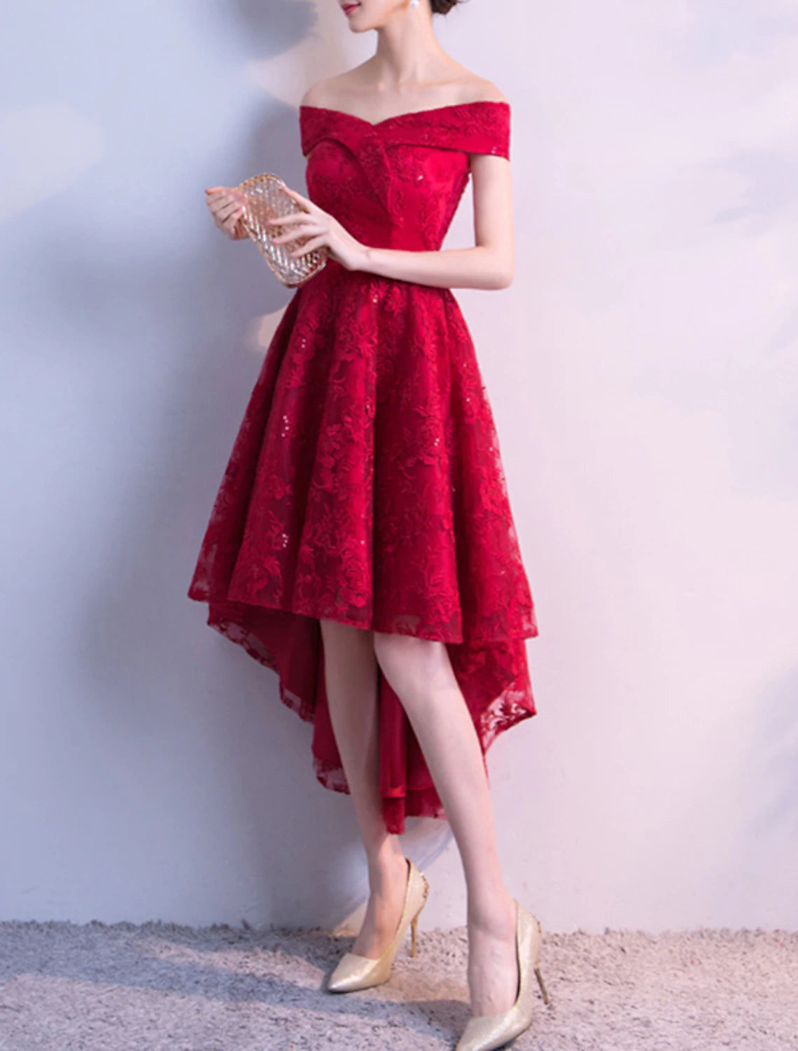 Wholesale A-Line Cocktail Dresses Floral Dress Party Wear Cocktail Party Asymmetrical Short Sleeve Off Shoulder Tulle with Pleats Embroidery