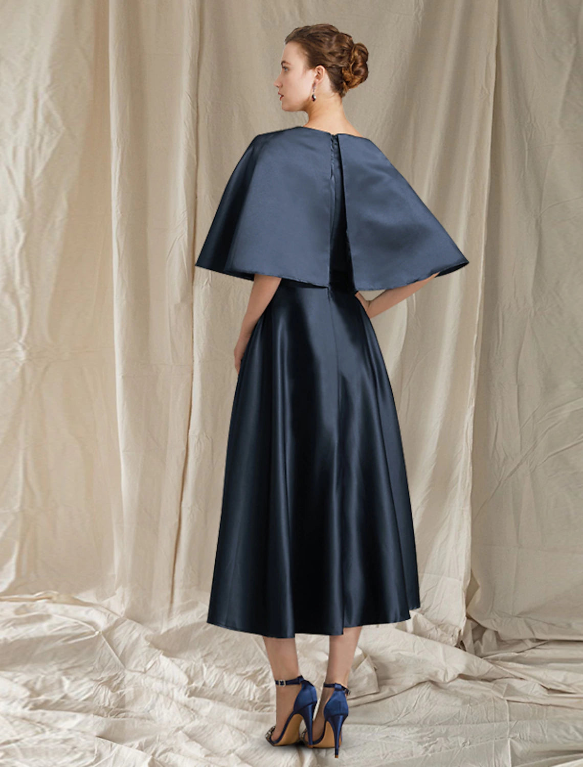Wholesale  A-Line Mother of the Bride Dress Wedding Guest Minimalist Elegant Jewel Neck Tea Length Satin Half Sleeve with Pleats Solid