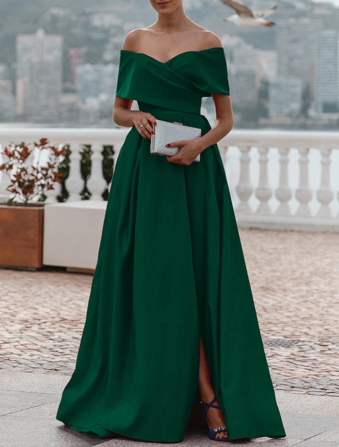 Wholesale A-Line Evening Gown Christmas Red Green Dress Celebrity Style Dress Formal Wedding Court Train Sleeveless Off Shoulder Bridesmaid Dress Satin with Ruched Slit