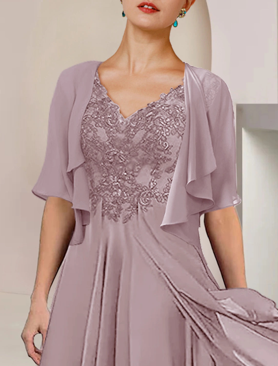 Wholesale  Two Piece A-Line Mother of the Bride Dress Formal Wedding Guest Elegant V Neck Asymmetrical Tea Length Chiffon Lace Short Sleeve Wrap Included with Pleats Appliques