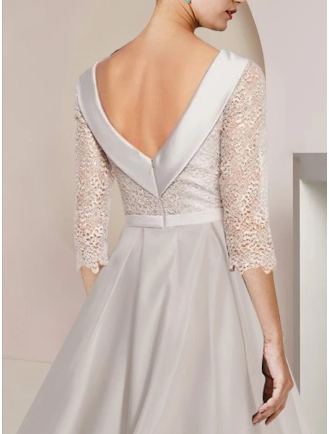 Wholesale  Sheath / Column Mother of the Bride Dress Wedding Guest Minimalist Elegant Scoop Neck Tea Length Satin Lace Half Sleeve with Ruching