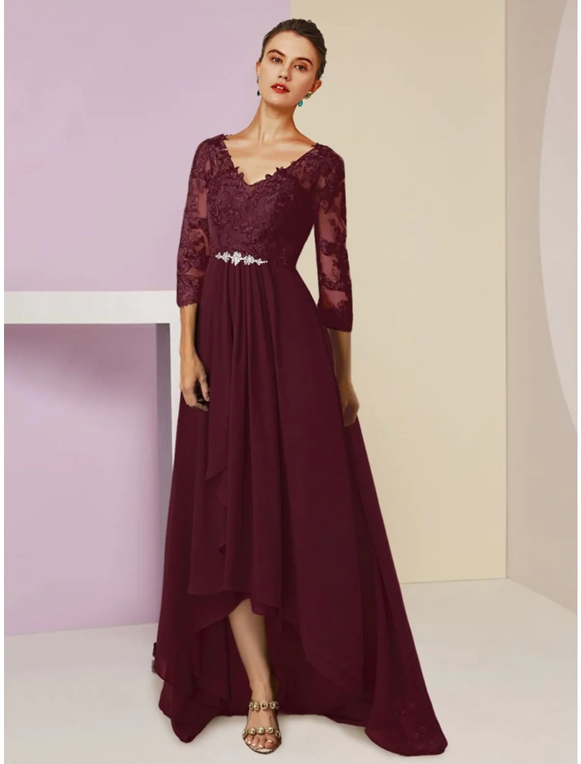 Wholesale A-Line Mother of the Bride Dress Wedding Guest Vintage Elegant V Neck Asymmetrical Chiffon 3/4 Length Sleeve with Crystal Brooch Ruching