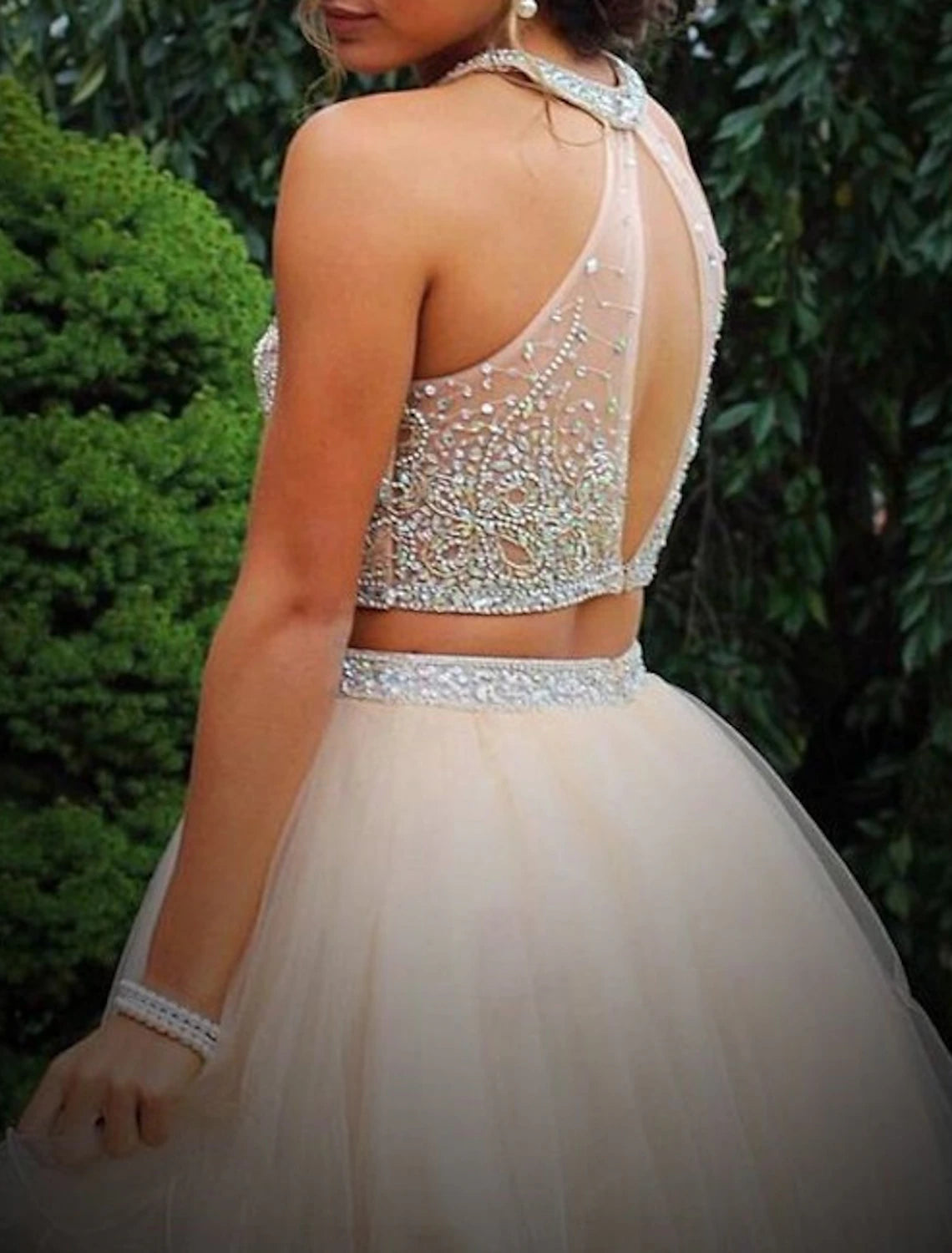 Wholesale Two Piece A-Line Homecoming Dresses Sparkle & Shine Dress Holiday Graduation Short / Mini Sleeveless Halter Neck Tulle with Glitter Beading