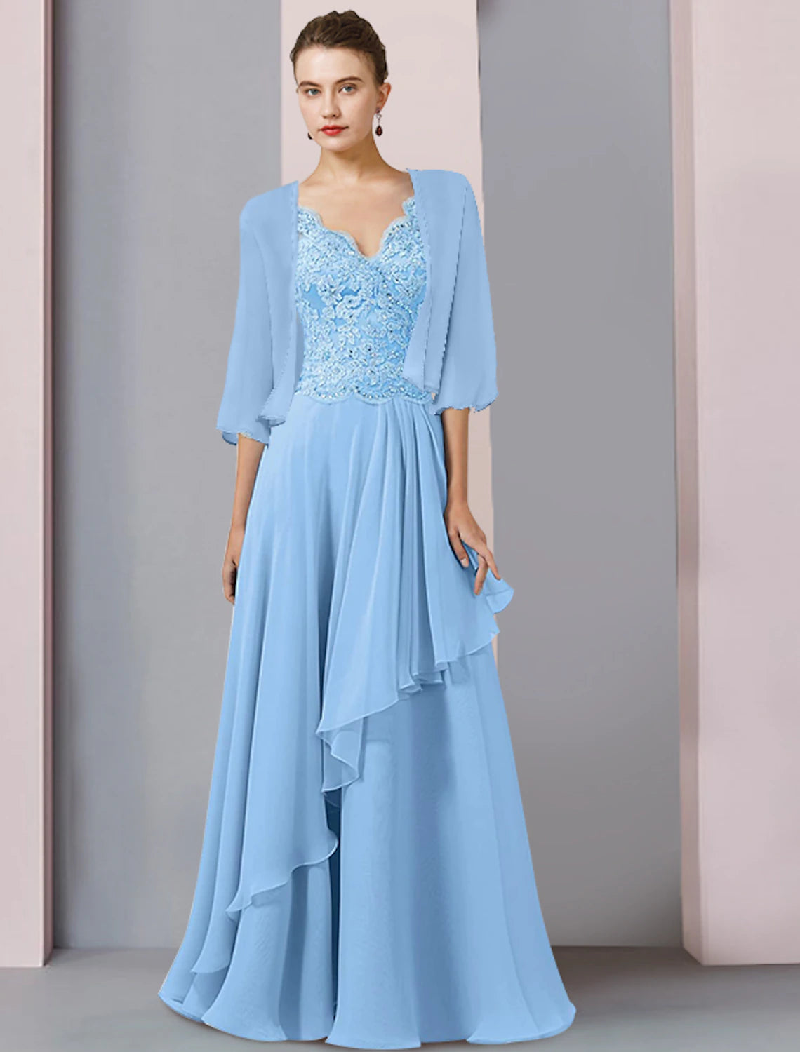 Wholesale  Two Piece A-Line Mother of the Bride Dress Formal Wedding Guest Party Elegant V Neck Floor Length Chiffon Lace Half Sleeve Wrap Included with Beading Sequin Appliques